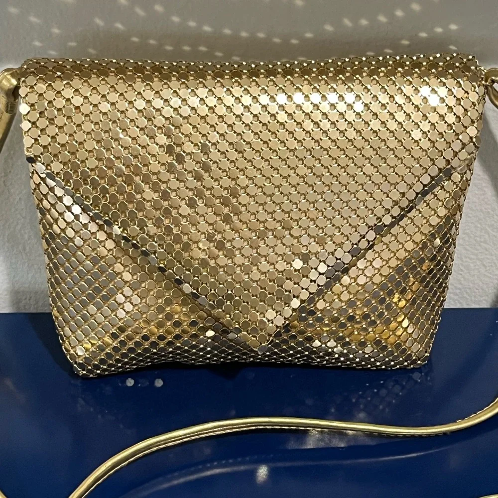 Gold Mesh Purse Handbag Evening Metal Bag Envelope Crossbody Vintage 80s 90s